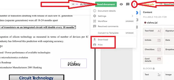 Enviar, descargar o imprimir documento