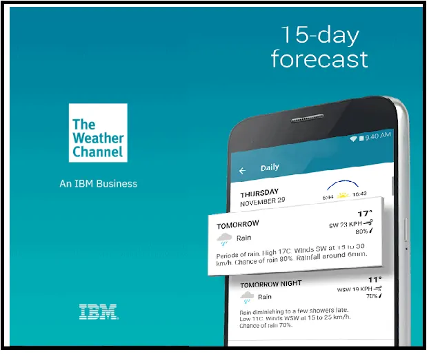 Страница приложения Weather Channel, которое является лучшим погодным приложением для Android