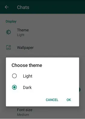 Android WhatsApp 베타 프로그램의 어두운 옵션