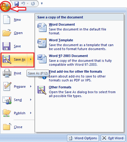guardar como opción en ms word