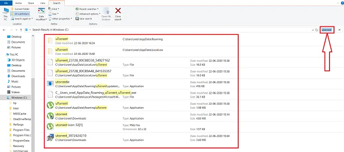 搜索 uTorrent 以查找隱藏文件並將其全部刪除。
