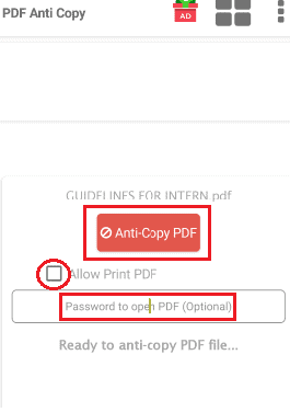 Clique na opção anti-cópia pdf