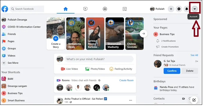 Facebook-New-Feed-Account-ikona-strzałka w dół