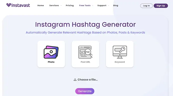 Pagina principală a generatorului de hashtag-uri Instavast
