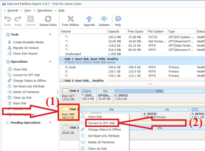 Macrorit Partition Expert per convertire il disco MBR.