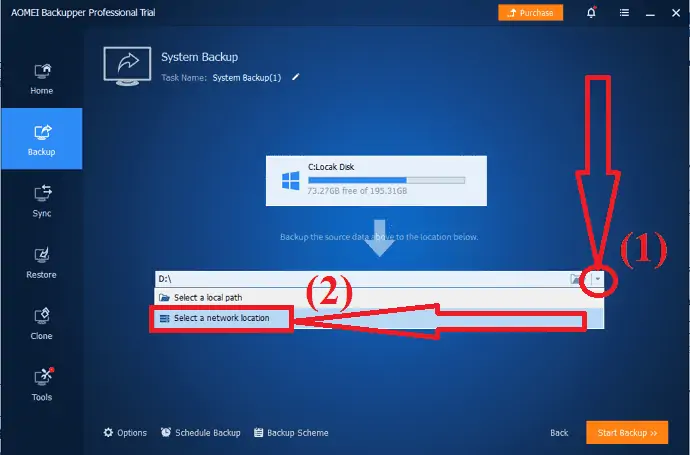 Wählen Sie den Backup-Speicherort
