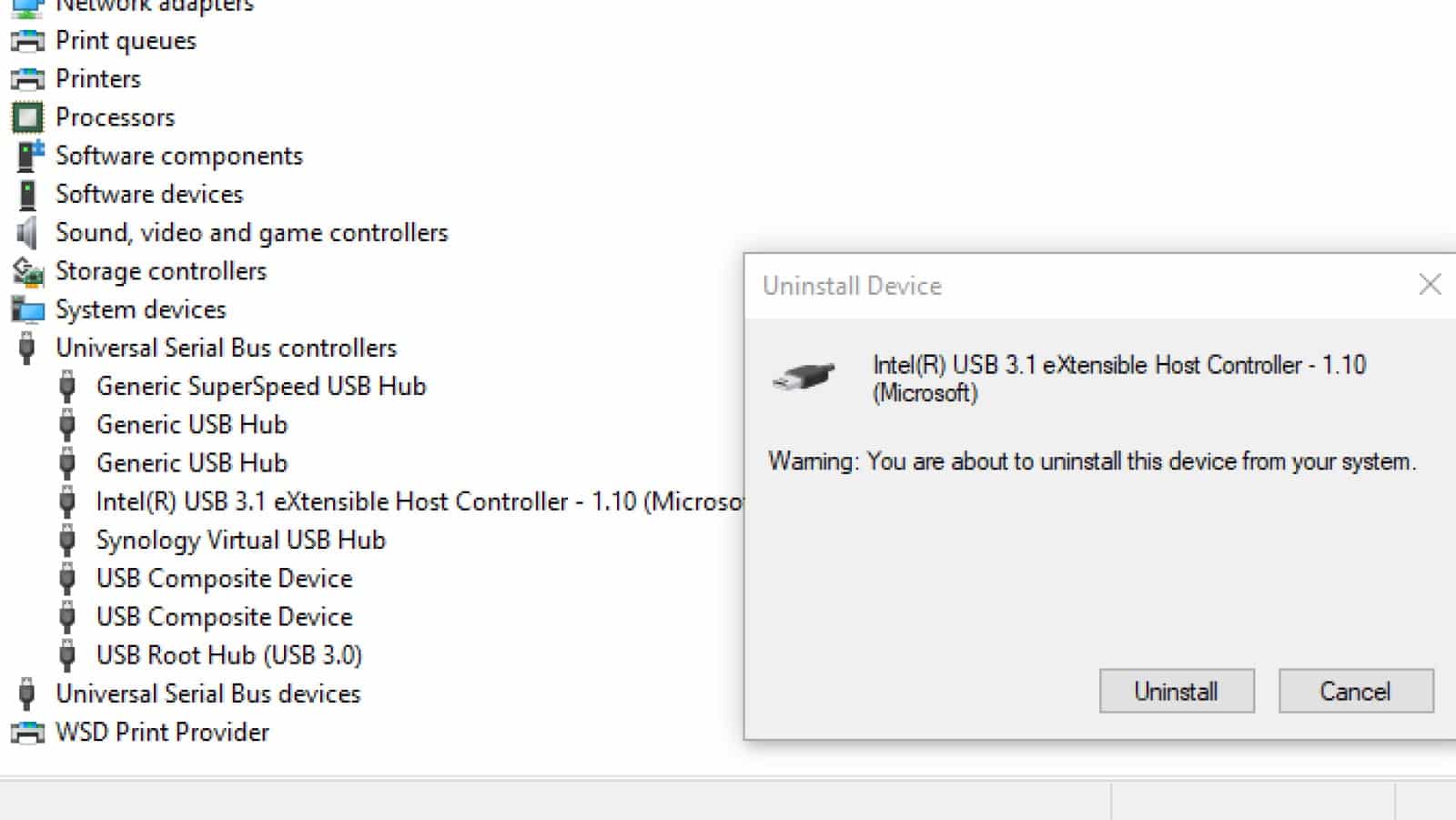 Managerul de dispozitive Windows 10 care arată dezinstalarea controlerului gazdă USB