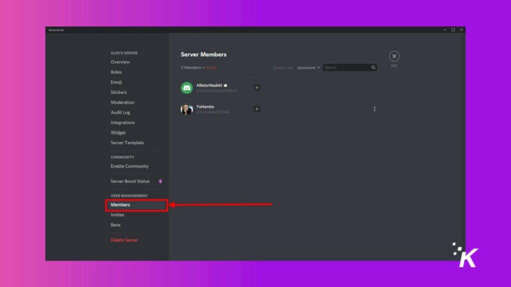 membros de configurações do servidor de discórdia