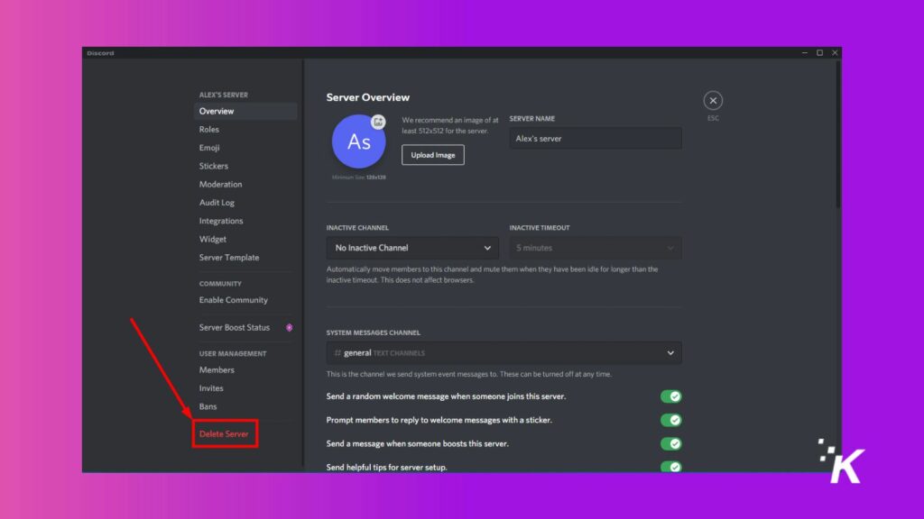 configurações do servidor de discórdia excluir