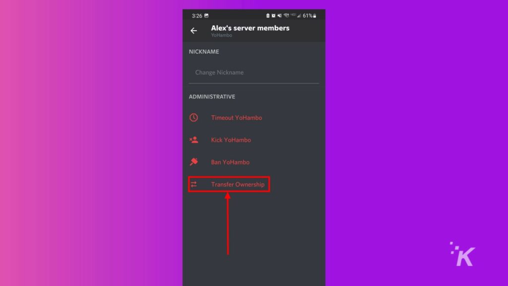 Discord transferir propriedade móvel