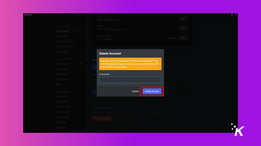discord confirmar excluir conta