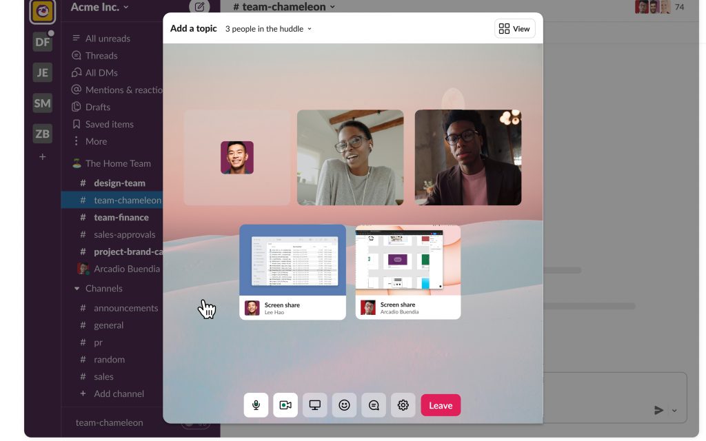 Compartilhamento de tela do Slack Huddles