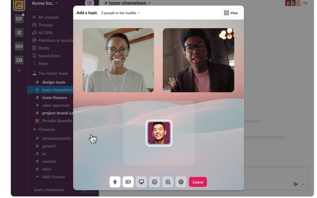 Vídeo e áudio do Slack Huddles