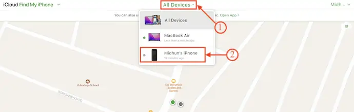 Выбор устройства в iCloud