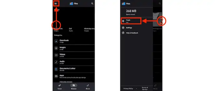Опция корзины в Google Files
