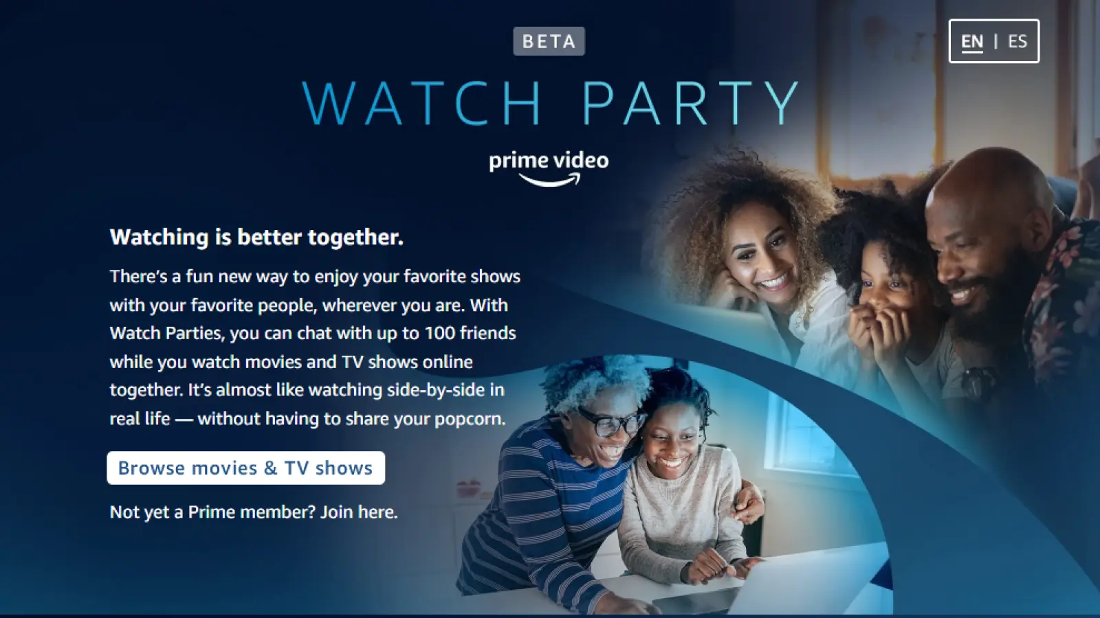 captura de tela da página de destino do Amazon Prime Watch Party