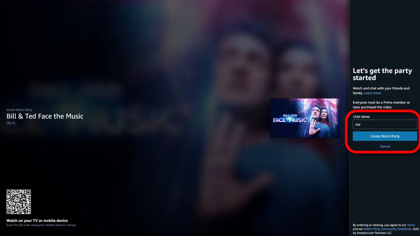 captura de tela da tela inicial do Amazon Watch Party