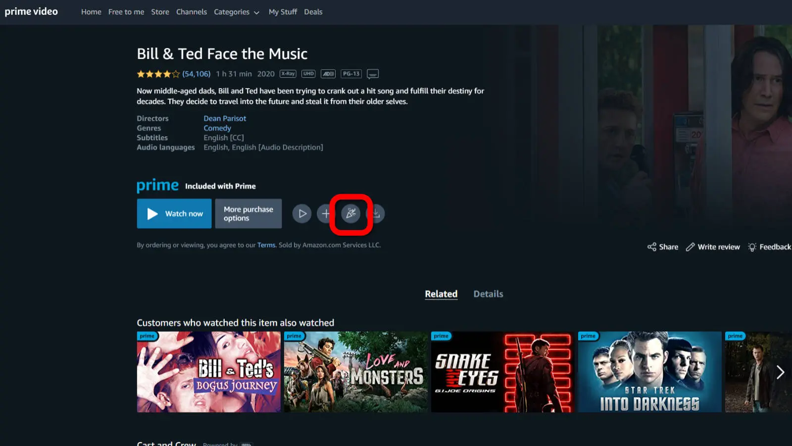 captura de tela da conta de vídeo principal e ted encara a música com o ícone do watch party destacado