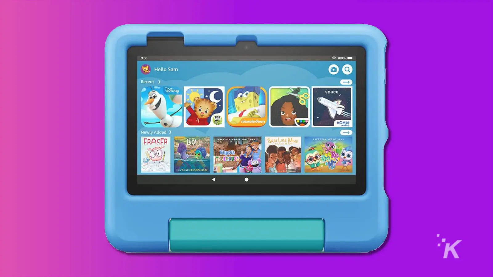 tablet amazon fire 7 dla dzieci na fioletowym tle