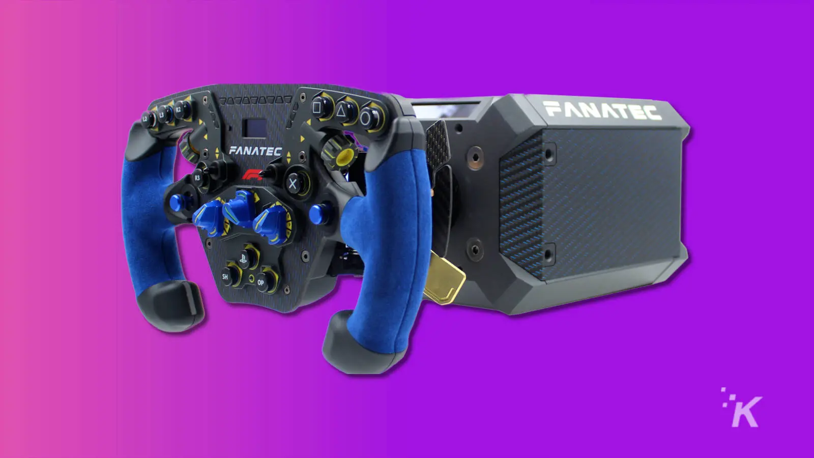 roda balap podium fanatec dengan latar belakang ungu