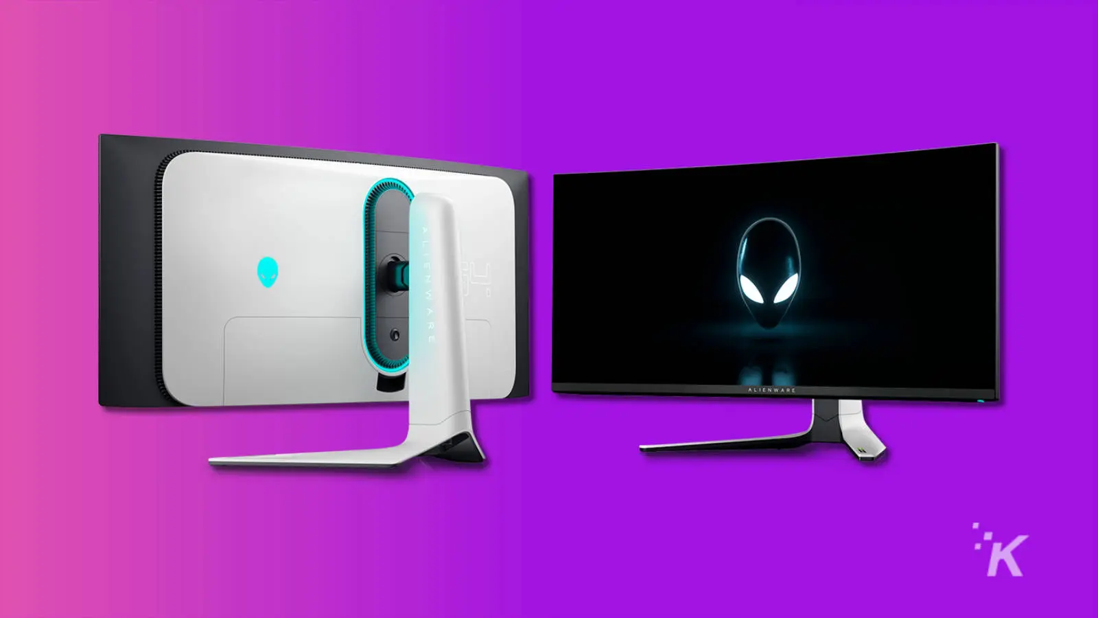 monitor qd-oled alienware dengan latar belakang ungu