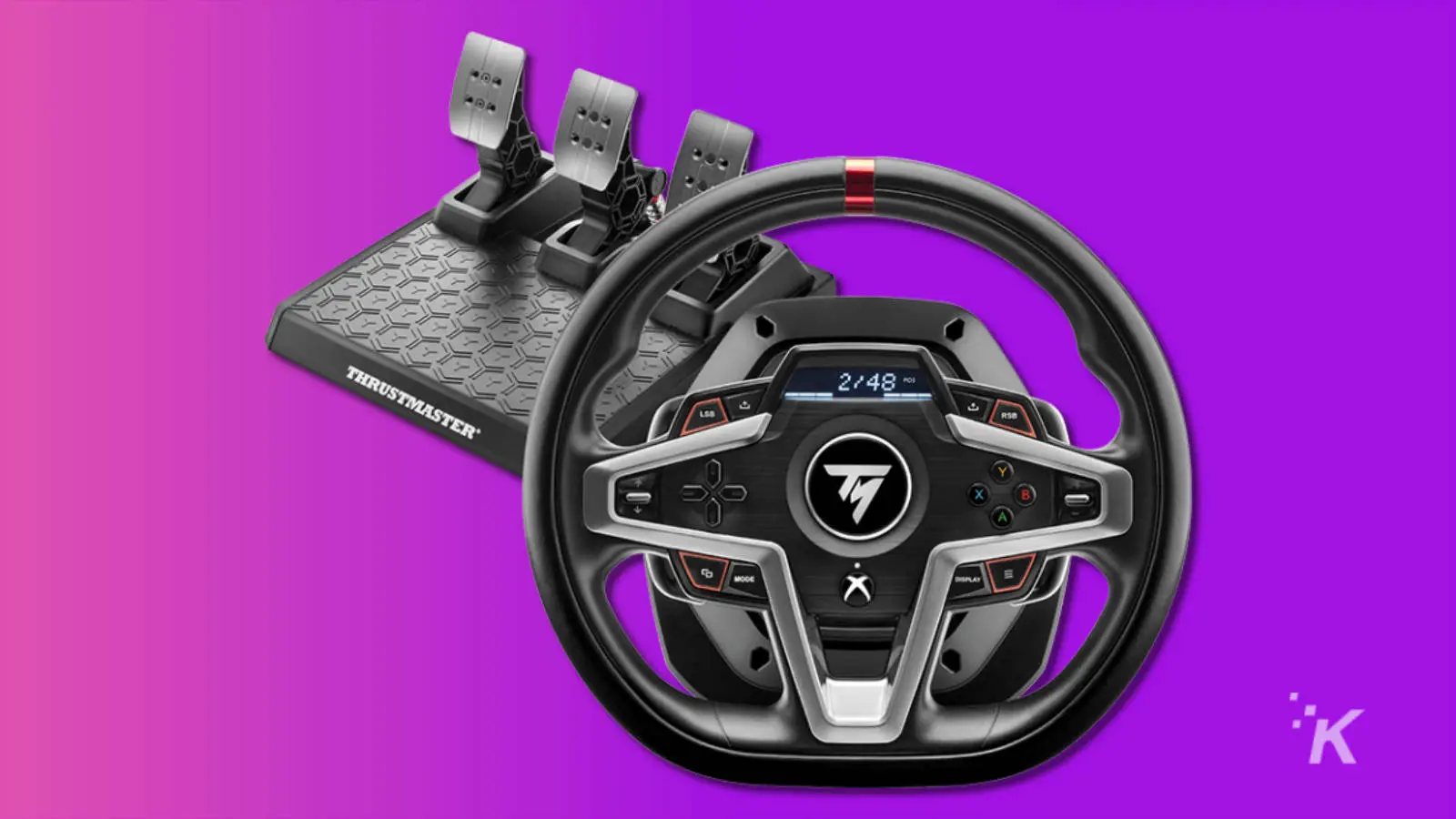 roda balap sim thrustmaster t248 dan pedal dengan latar belakang ungu