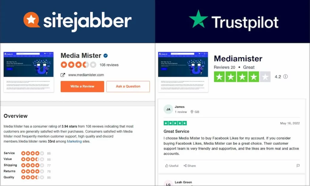 Comentários de usuários do Media Mister Capturas de tela do Sitejabber e Trustpilot