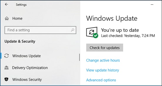 Check for Updates on windows settings
