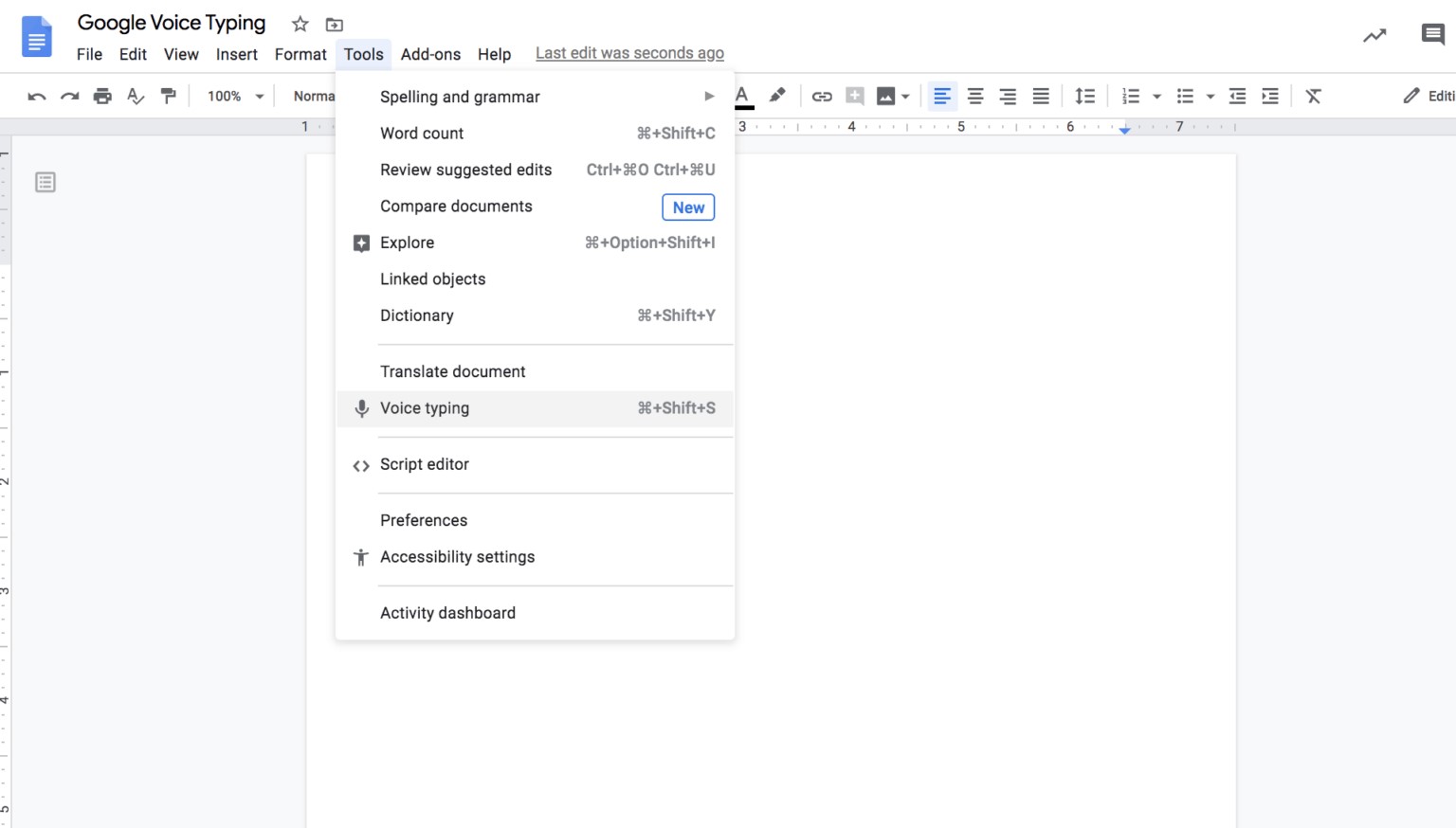 Digitação por voz do Google Docs