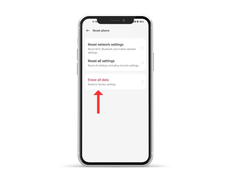 電話の工場出荷時設定へのリセット画面 image showing phone factory reset screen