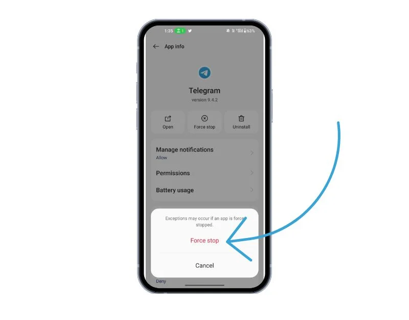 電報強制停止アプリ image showing telegram force stop app