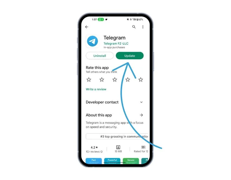 Google Playストアでの電報アプリの更新 telegram app update on google playstore